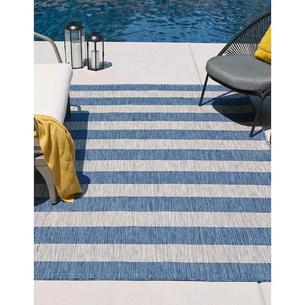 Outdoor Distressed Stripe Azure Blue 7 ft. x 10 ft. Area Rug
