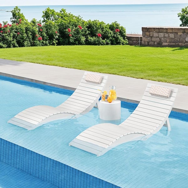 White Collapsible 1-Piece HDPS Plastic Outdoor Chaise Lounge with Headrest Cushion for Pool Loungers Up to 11 in. Deep