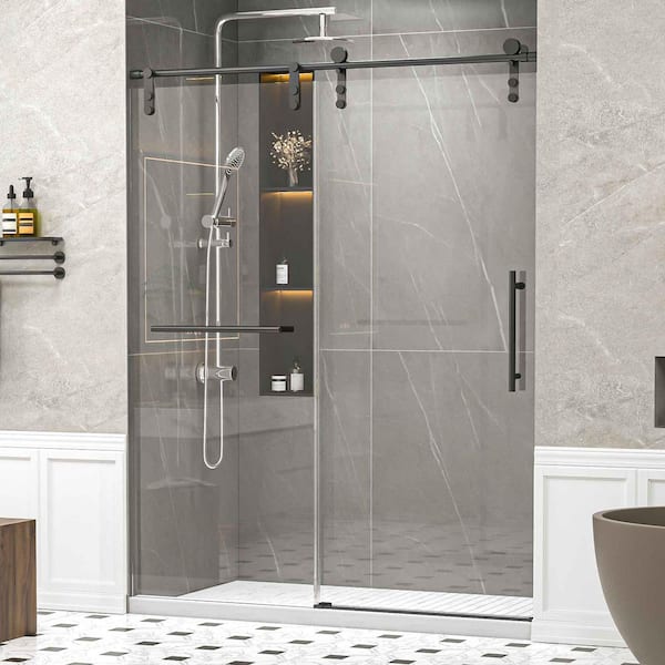 Lynn 60 in. W x 76 in. H Semi Frameless Single Sliding Shower Door in Matte Black with Towel Rail And Auxiliary Handle