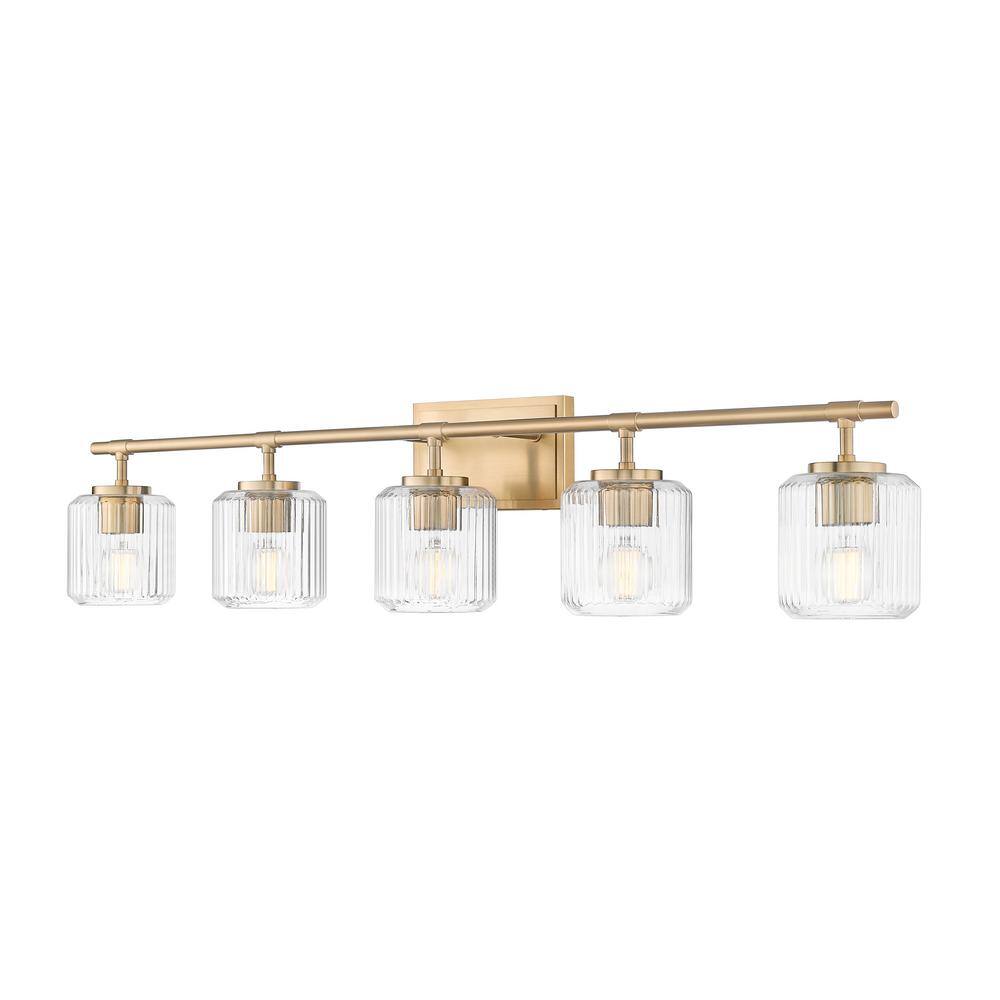 Landon 42 in. 5 Light Modern Gold Vanity Light with Clear Ribbed Glass Shad