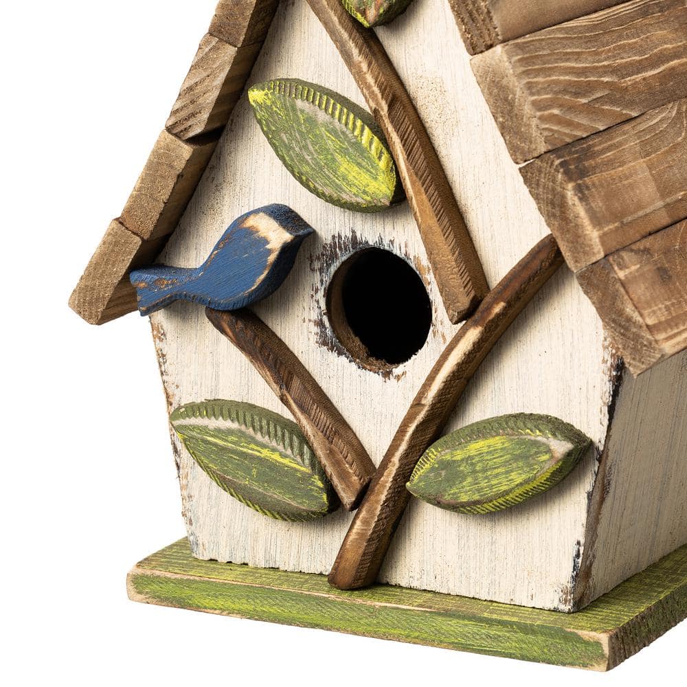 Distressed Washed White Solid Wood Birdhouse with Natural Pallet Roof