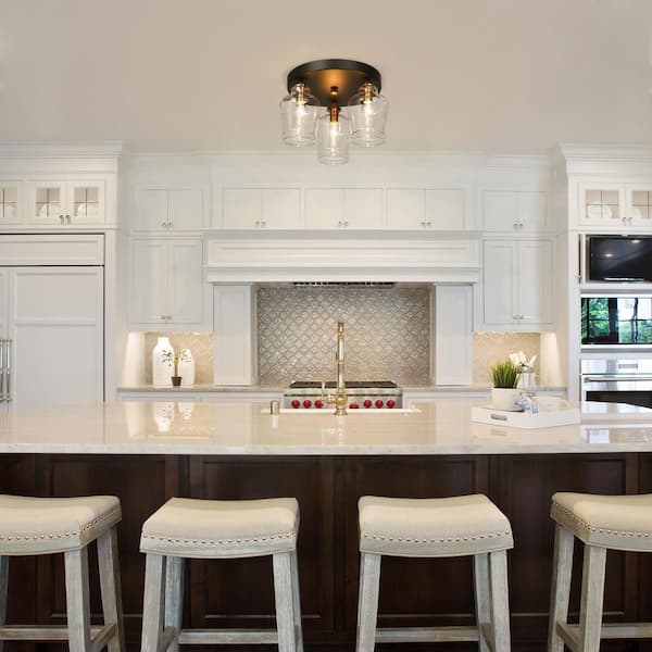Modern 11 in. 3-Light Brass Gold Semi-Flush Mount Lighting, Black Entryway Ceiling Light with Bell Clear Glass Shade