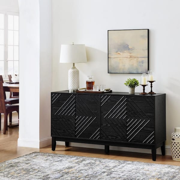 Farmhouse Antique Black Wood 60.5 in. Sideboard with Geometric Pattern and Adjustable Shelves