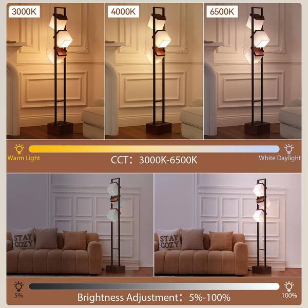 SUNMORY 67.5 in. Walnut 3-Light Tree Floor Lamp with Adjustable