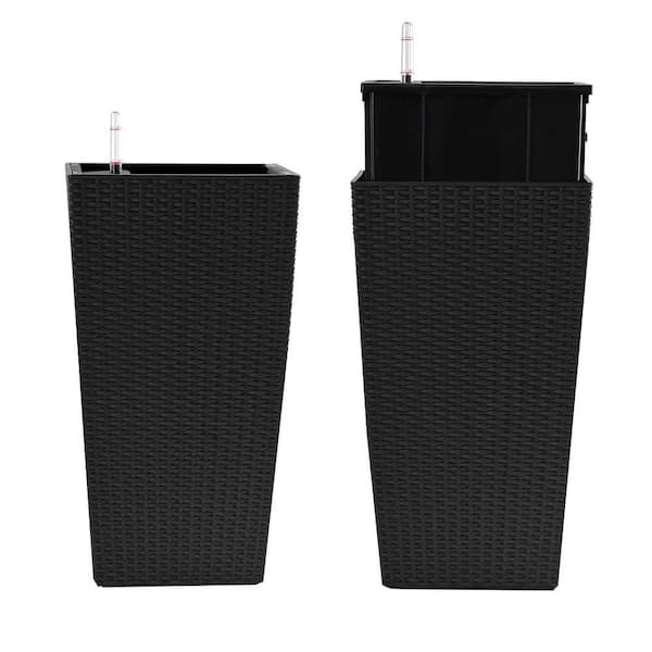 22 in. High Faux Rattan Design Square Planter for Indoor/Outdoor Use with Automatic Watering System (Pack of 2, Black)