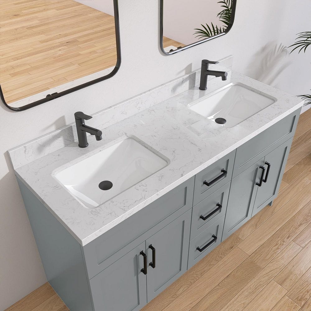 Etyi 60 in. W x 22 in. D Engineered Stone Vanity Top Rectangular Double Sink Bathroom Vanity Top in Carrara White price history on PriceWatchPro