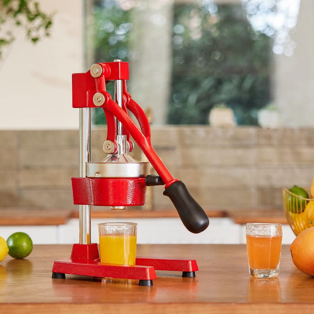 Red Cast Iron Hand Press Citrus Juicer with Stainless Steel Strainer