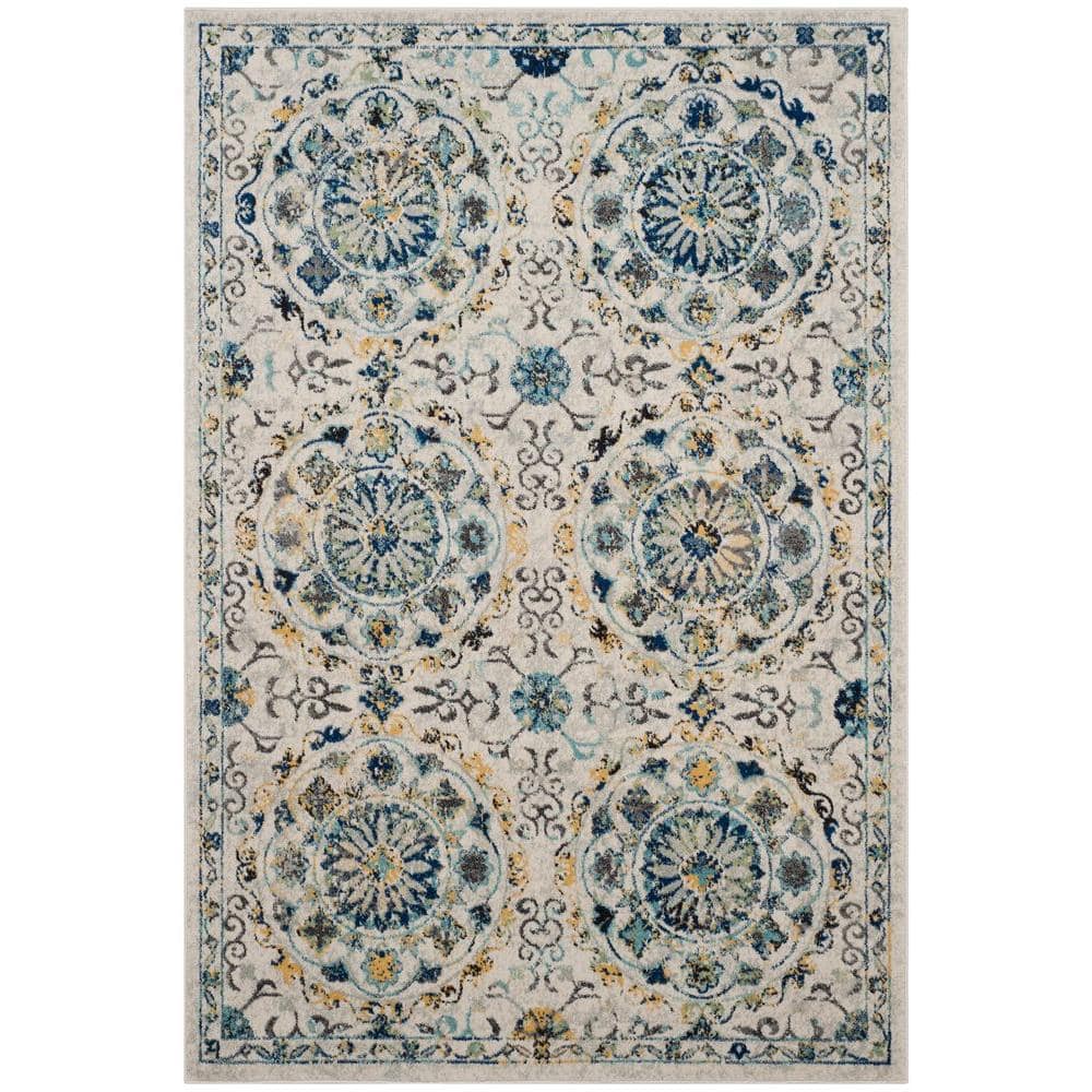 Ivory and Blue Synthetic Rectangular Area Rug, 5'3" x 7'6"