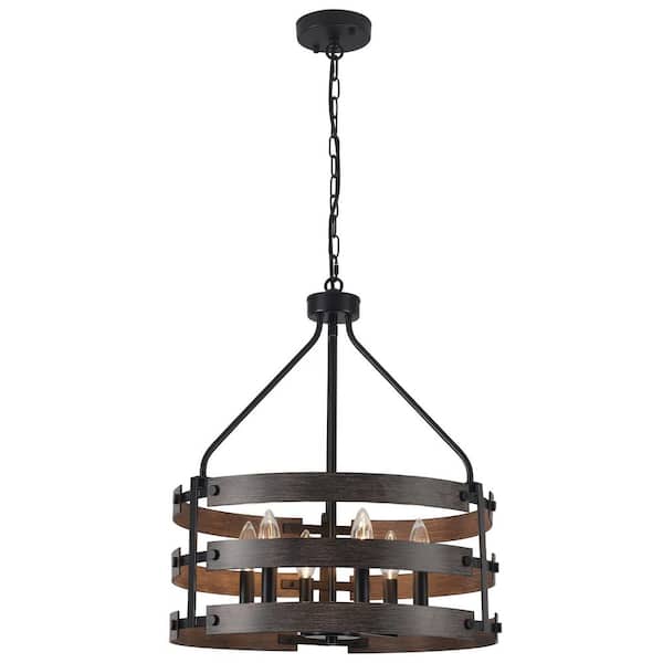 LWYTJO 6-Light Black and Imitation Wood Grain Farmhouse Chandelier, Triple Circle Candle Chandelier for Sloped Ceilings