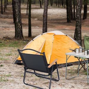 2-Pack Outdoor Folding Portable Iron Frame Camping Chairs in Black with Wooden Armrests