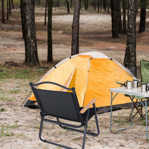 Cesicia 4-Pack Outdoor Folding Portable Iron Frame Camping Chairs in Black with Wooden Armrests