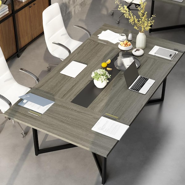 FUFU&GAGA Gray Wood Grain Wooden 86.6 in. Width 4-Legs Dining Table Seating 6-Person
