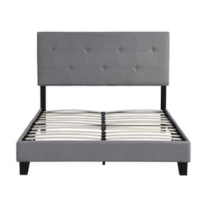 57.5 in. W Gray Full Size Upholstered Platform Bed Frame with Modern Button Tufted Linen Fabric Headboard, Wood Slats