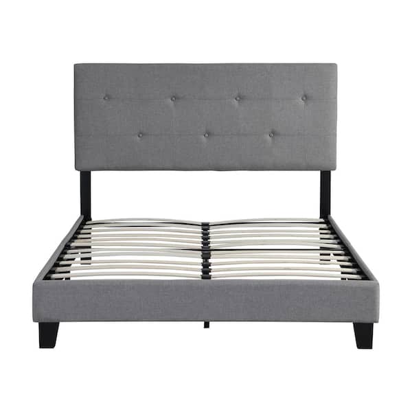 URTR 57.5 in. W Gray Full Size Upholstered Platform Bed Frame with Modern Button Tufted Linen Fabric Headboard, Wood Slats