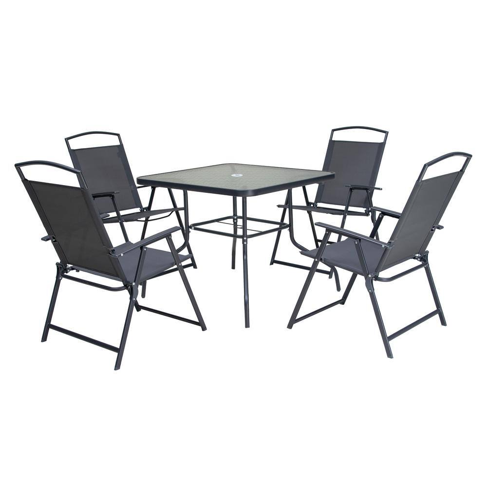 Gray 5-Piece Steel Patio Dining Set with Folding Chairs