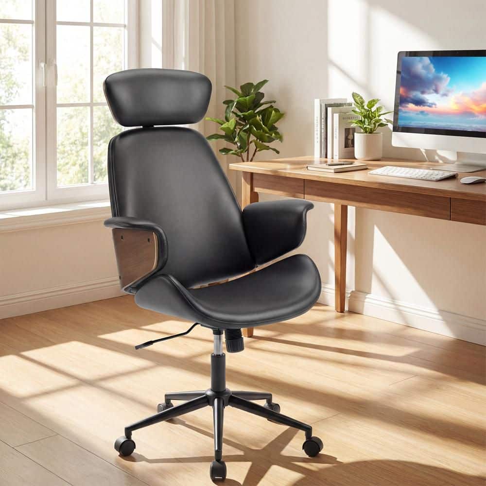 Costway Faux Leather Ergonomic Office Chair Task Chair in Black with Headrest, Adjustable Height and Metal Base