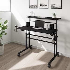 Black Rolling Writing Desk with Height Adjustable Desktop and Moveable Shelf