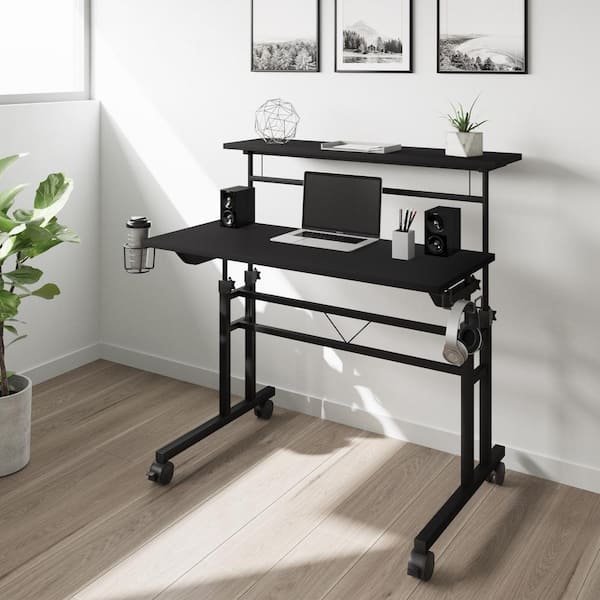 TECHNI MOBILI Black Rolling Writing Desk with Height Adjustable Desktop and Moveable Shelf