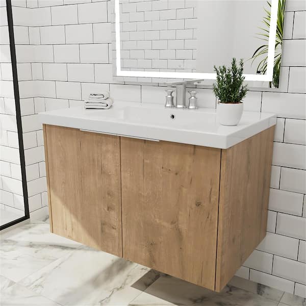 SUGUR 30 in. W x 18. in D. x 20 in. H Wall Mount Bath Vanity Cabinet with Sink in Oak with White Resin Sink and Top