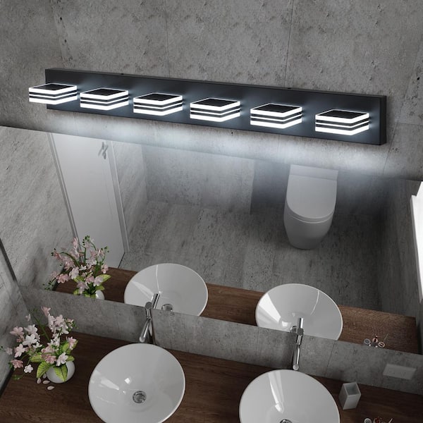39 in. Modern 6-Light Black LED Vanity Light Over Mirror Bath Wall Lighting Fixtures with Square Acrylic Lampshades