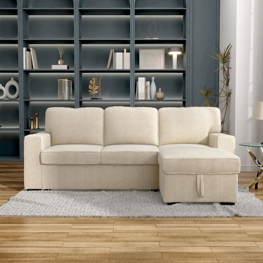 Beige Corduroy Sectional Sofa with Storage and Ottoman