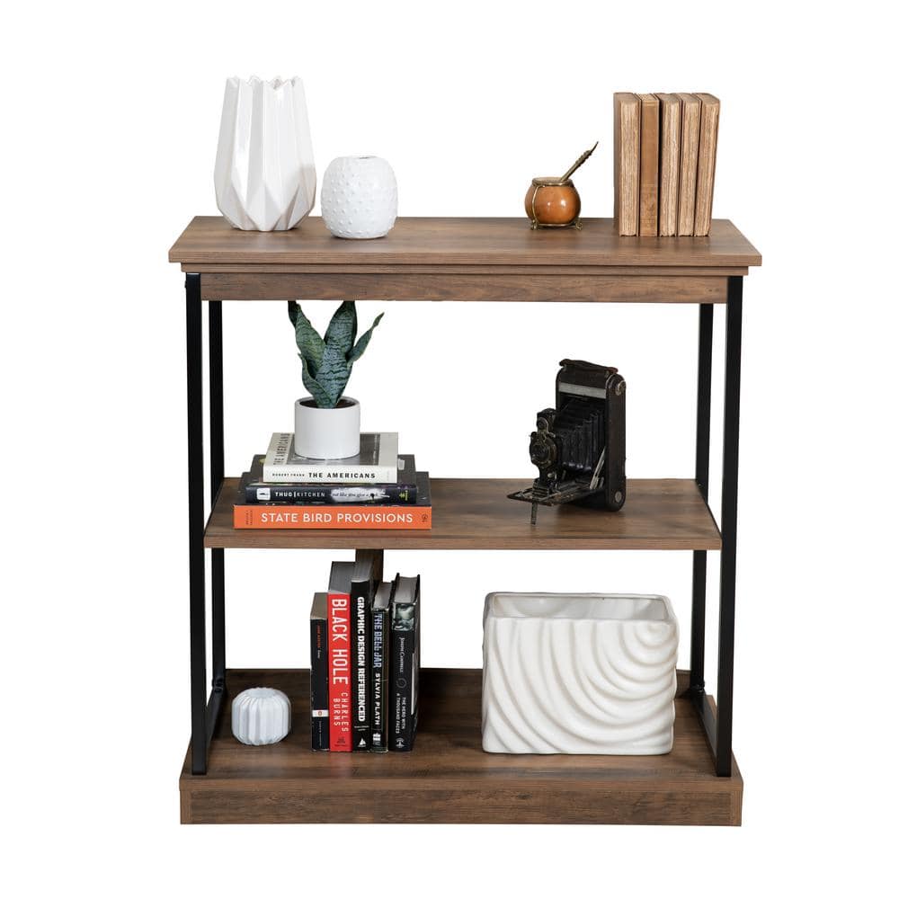Oslo 37" Aged Maple & Black Metal 3-Shelf Etagere Bookcase
