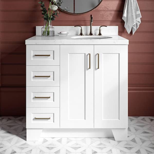 ARIEL Taylor 36.25 in. W x 22 in. D x 36 in. H Single Sink Freestanding Bath Vanity in White with Carrara Quartz Top