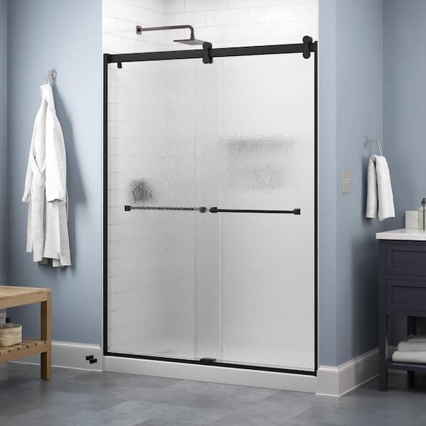 Delta Lyndall Contemporary 50-1/8 to 58-1/2 in. W in. x 71 in. Frameless Sliding Shower Door, Matte Black, Rain Glass