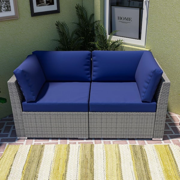 EAGLE PEAK 2-Piece Wicker Outdoor Patio Conversation Seating Sofa Set with Cushions, Dark Blue