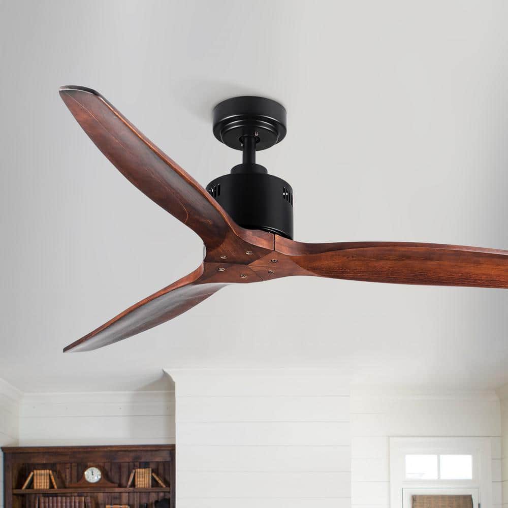 YUHAO 52 in. Solid Wood Ceiling Fan Black with 3Blades without Light