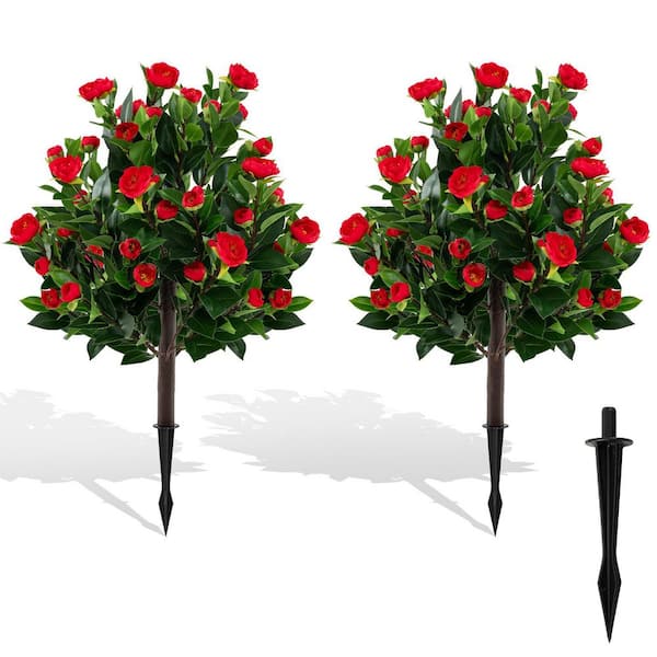 2-Pack 31 in. Artificial Camellia Tree Set w/Ground Spikes Floral Blooming Bushes