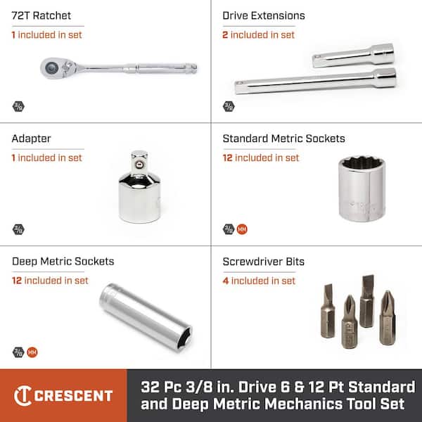 3/8 in. Drive 6 and 12-Point Standard and Deep Metric Mechanics Tool Set with Case (32-Piece)