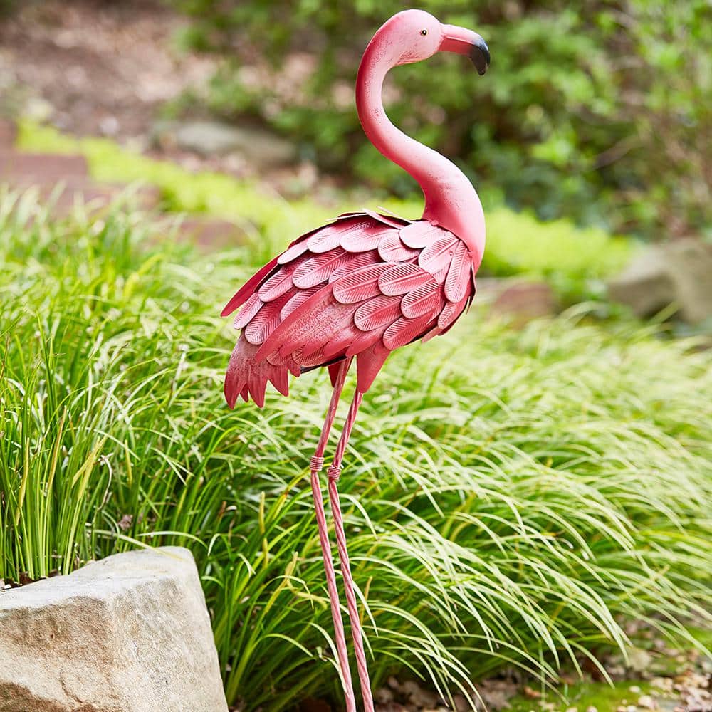 35-Inch Pink Metal Flamingo Garden Statue