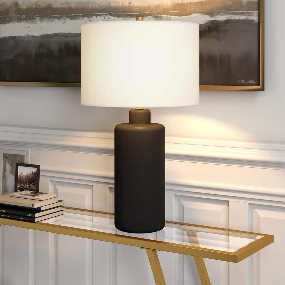 Matte Black Ceramic Nightstand Lamp with White Linen Shade