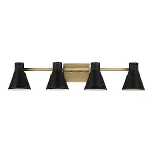 Towner 35 in. 4-Light Satin Brass Modern Contemporary Wall Bathroom Vanity Light with Black Metal Shades