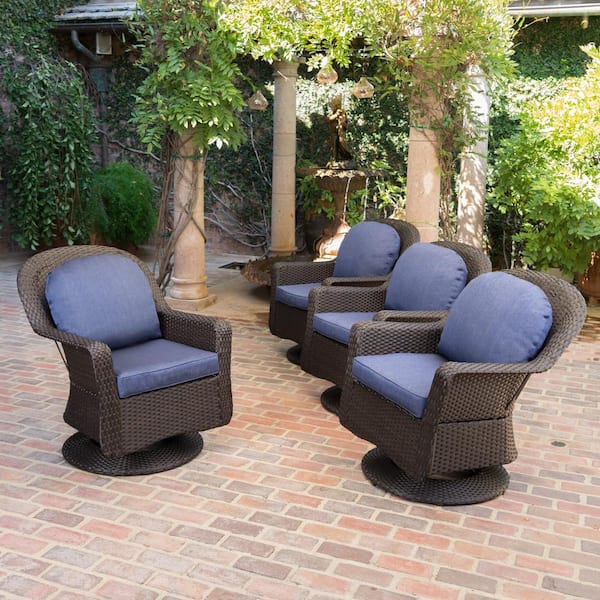 Noble House Liam Dark Brown Swivel Metal Outdoor Patio Lounge Chair with Navy Cushion (4-Pack)