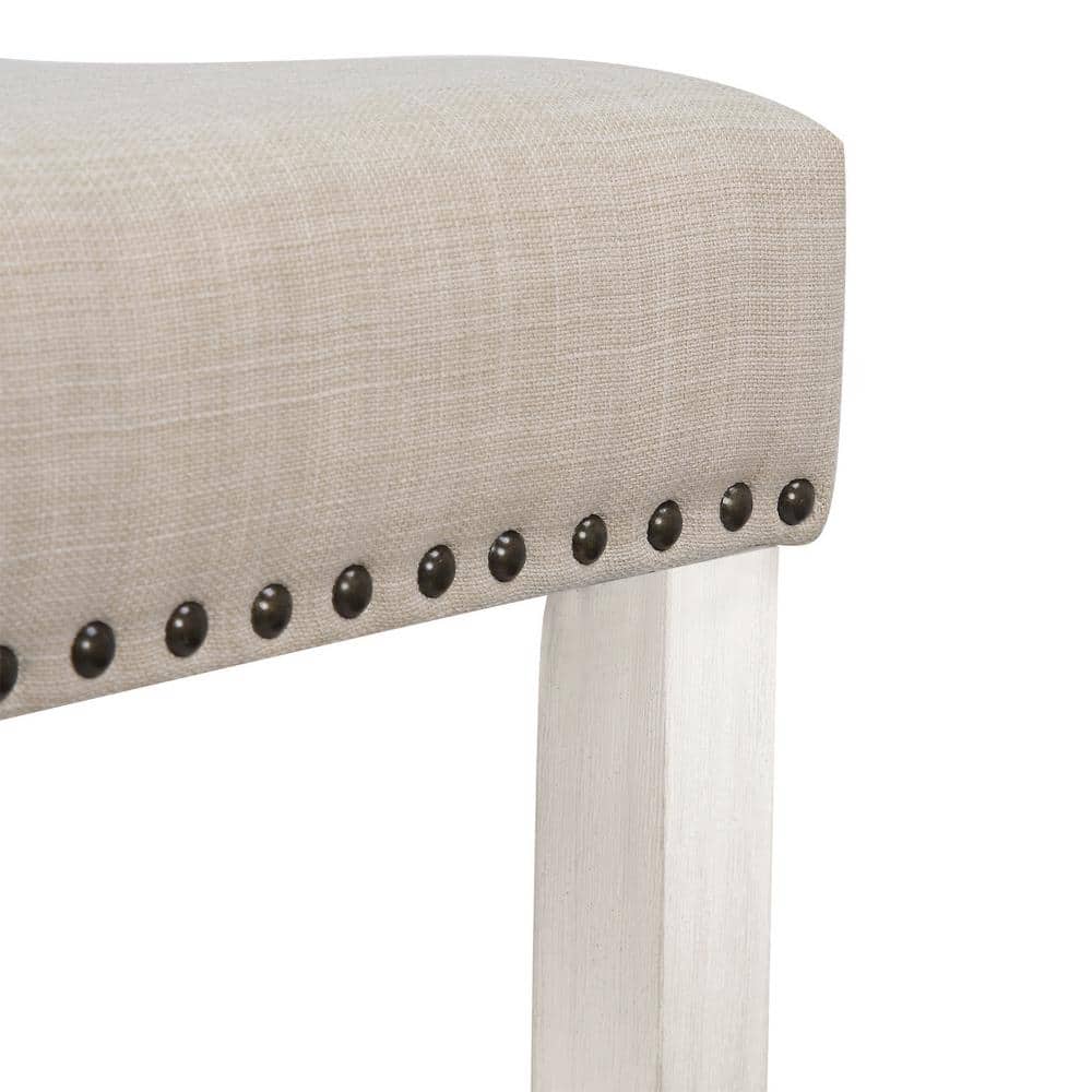 Antique White and Beige Upholstered Saddle Seat Bar Stools, 29" Wood