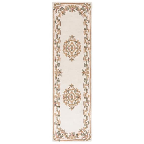 Aubusson 2 ft. x 8 ft. Ivory/Green Traditional Medallion Runner Rug