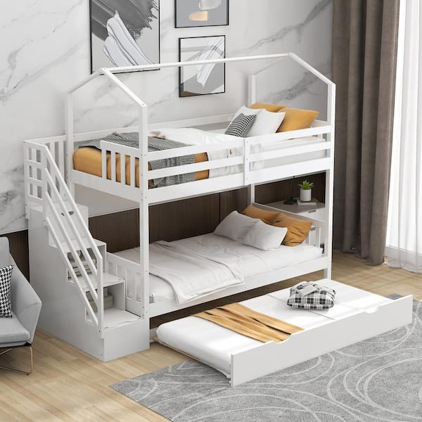 JASMODER 40 in. W White Multifunctional Twin Over Twin House Bunk Bed with Staircase and Storage Space