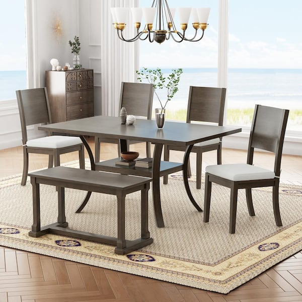 Harper & Bright Designs 6-Piece Brown Rectangle Wood Top Dining Set with Bench, 4 Dining Chairs with Removable Beige Cushions, Storage Shelf