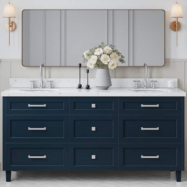 ARIEL Monroe 72 in. W x 22 in. D x 36 in. H Double Oval Sink Bath Vanity in Midnight Blue with Carrara White Quartz Top