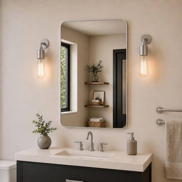 24 in. W x 36 in. H Rectangular Framed Wall Bathroom Vanity Mirror in Brushed Nickel