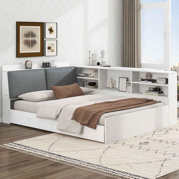 White Full Daybed with Storage Headboard, Shelves and 2 Drawers