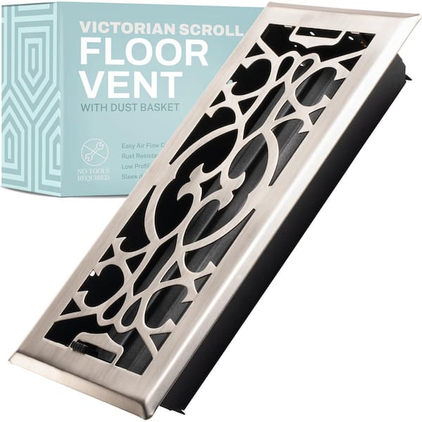 HOME INTUITION Victorian Scroll 2 in. x 10 in. Decorative Floor Register Vent with Mesh Cover Trap, Satin Nickel