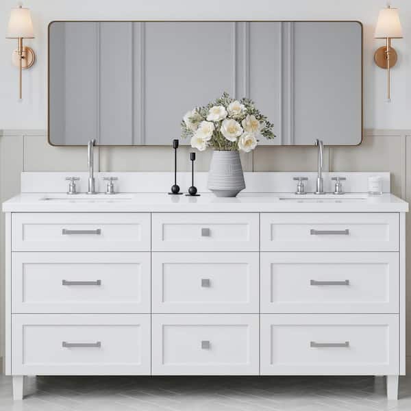 ARIEL Monroe 73 in. W x 22 in. D x 36 in. H Double Sink Bath Vanity in White with Pure White Quartz Top