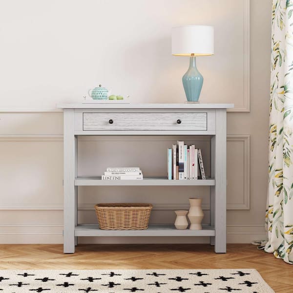 Polibi 36 in. Antique White Rectangle Wood Console Table with Drawer and 2-Sturdy Shelves for Entryway, Living Room