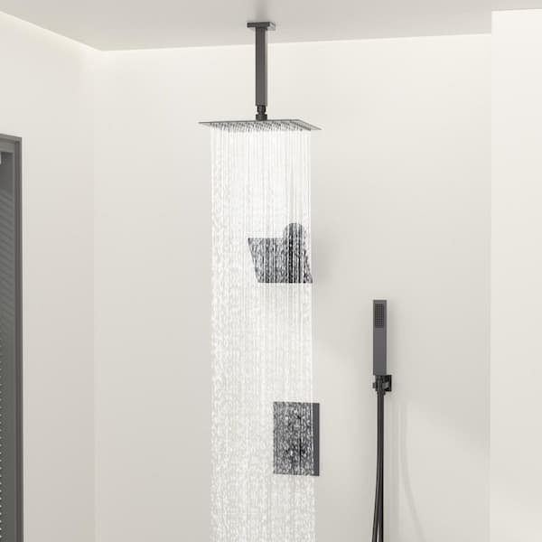 Triple Handle 7-Spray Patterns 12 in. Ceiling Mount Rainfall Shower Faucet with High Pressure in Matte Black