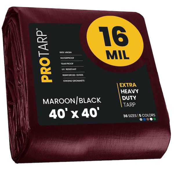 PROTARP 40 ft. x 40 ft. Maroon Polyethylene Heavy-Duty 16 Mil Tarp, Waterproof, UV Resistant, Rip and Tear Proof