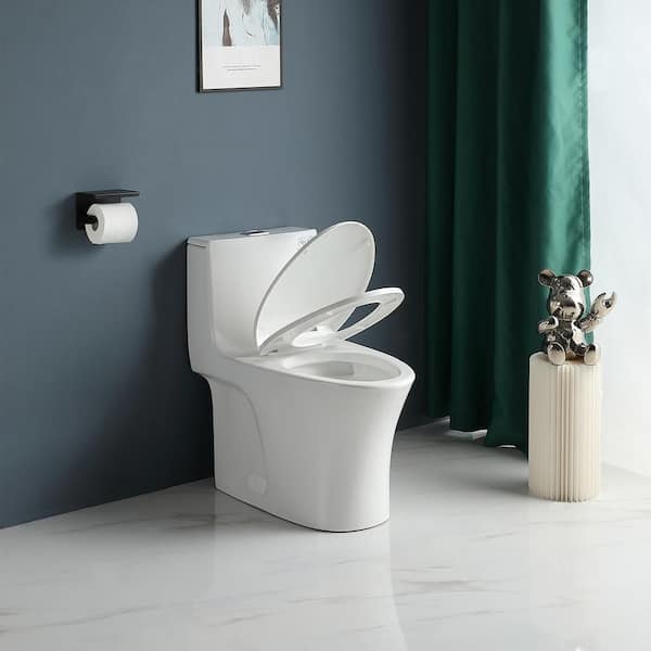 15 1/8 in. 1.1/1.6 GPF Dual Flush Elongated Standard Modern 1-Piece Toilet in Gloss White with Soft-Close Seat