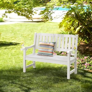 White 2-Person Plastic Outdoor Bench with Cup Holder All-Weather HDPS Garden Bench Waterproof for Backyard